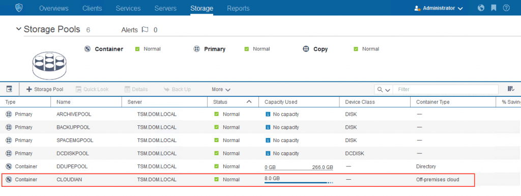 Operations Center console final result after adding Amazon S3 cloud storage to IBM Spectrum Protect V7.1.6